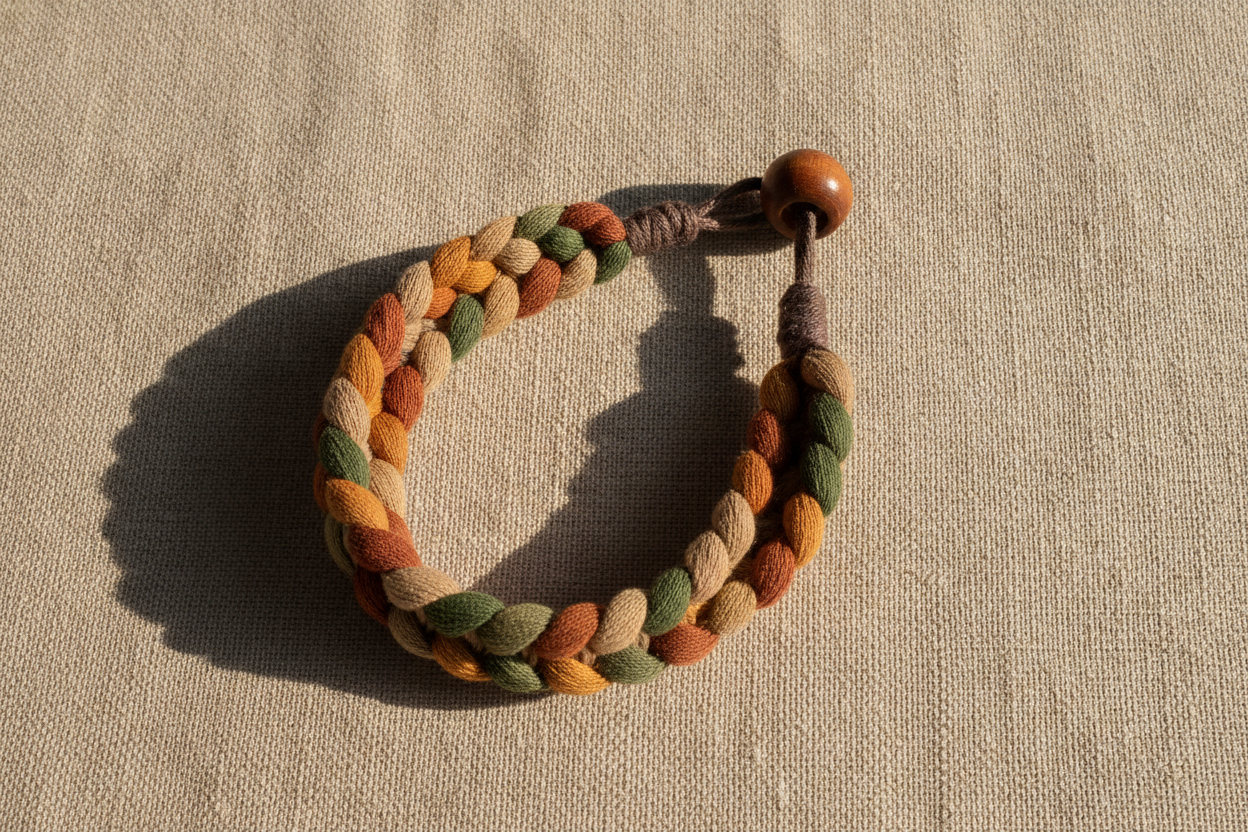 Bracelet en tissu tressé aux couleurs naturelles avec technique de tressage visible sur fond neutre.