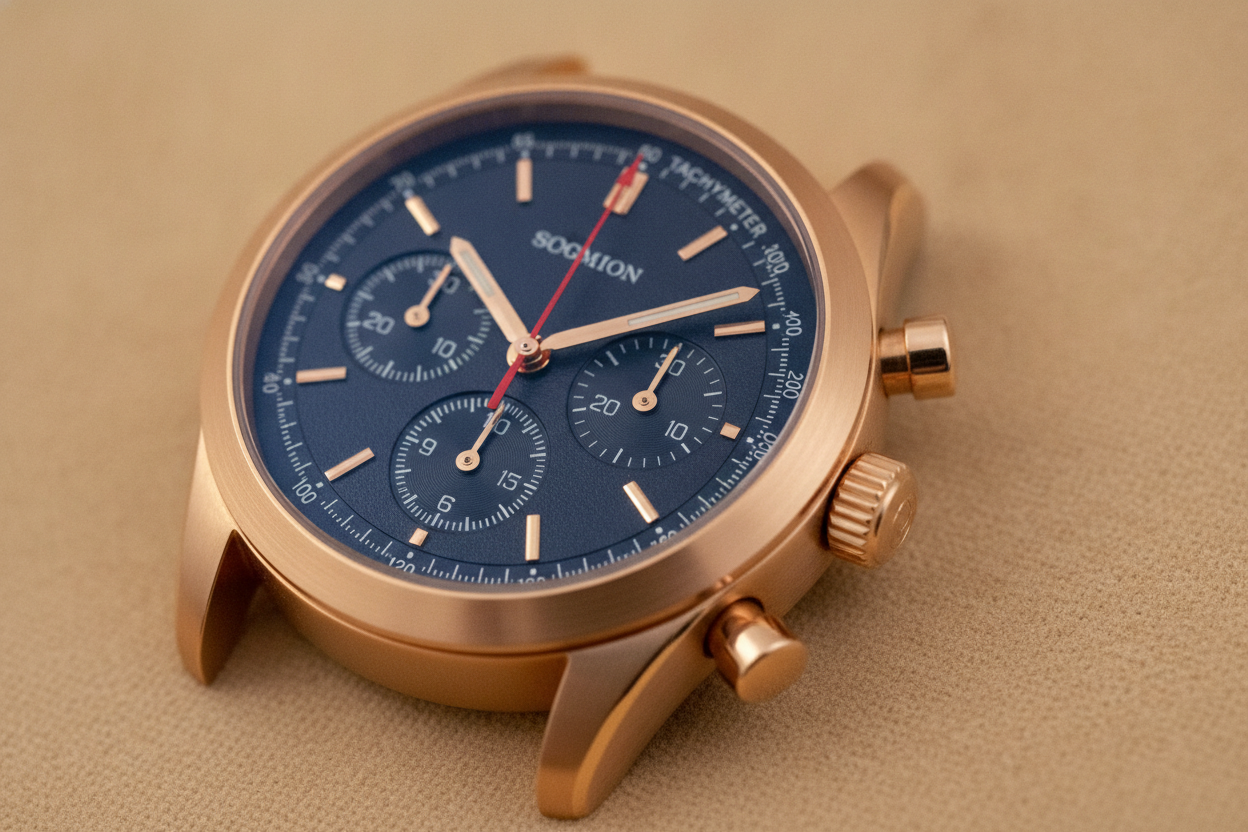 Montre chronographe de luxe avec cadran complexe et sous-compteurs, photographiée de près avec un éclairage professionnel.