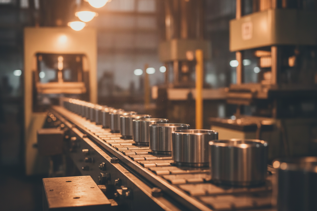 Chaîne de production industrielle en fonctionnement avec articles assemblés progressant sur tapis roulant.