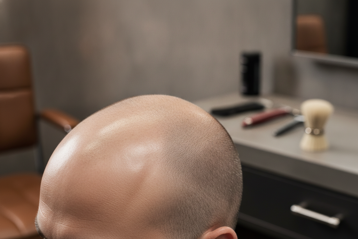 Gros plan d'un crâne fraîchement rasé, lisse et brillant, sans irritation visible sous une lumière douce et professionnelle.