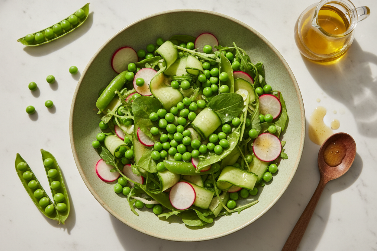 Salade colorée aux petits pois frais, légumes croquants et vinaigrette, photographiée en plein jour.